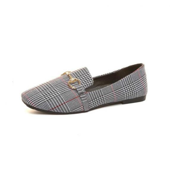 Dropshiping 2019 Spring and Summer New Retro Women Flat Shoes Tartan Design Round Top Metal Button Flat Loafer Zapatillas Mujer